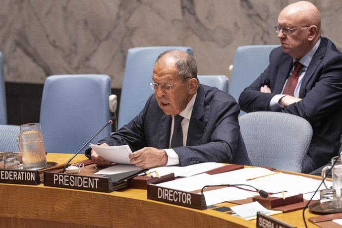 16 July 2024, US, New York: Foreign Minister of Russia Sergey Lavrov (L) speaks as he chairs Security Council meeting on 'Maintenance of international peace and security' as Russia is President of SC for the month of July at UN Headquarters in New York. P