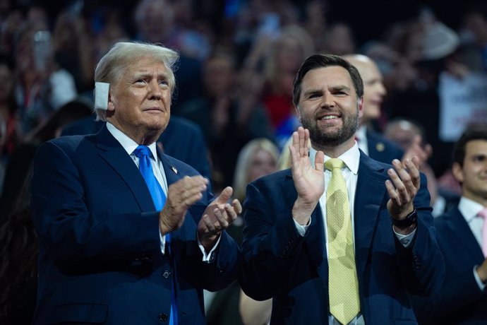 July 16, 2024, Milwaukee, Wisconsin, USA: Former US President Donald J Trump and United States Senator JD Vance (Republican of Ohio) on the second night of the Republican National Convention in Milwaukee, Wisconsin at the Fiserv Forum on Tuesday, July 16,