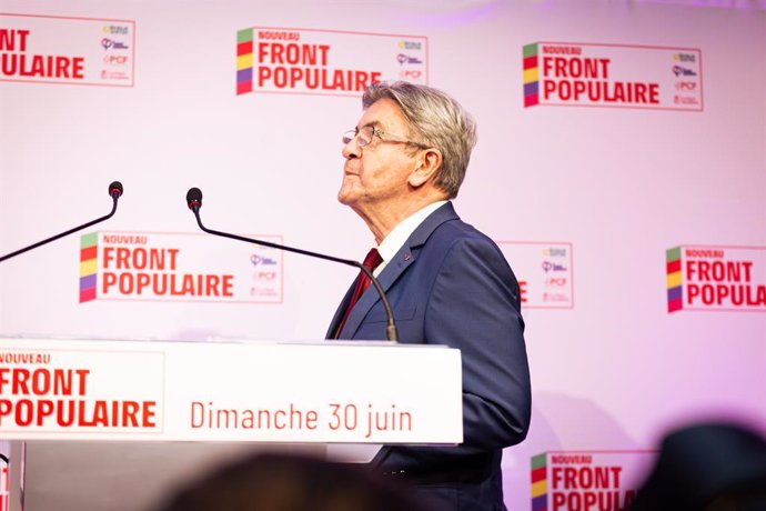 June 30, 2024, Paris, France: Jean-Luc Mélenchon, leader of La France Insoumise group, speaks after the results of the first round of the legislative elections, at the headquarters of La France Insoumise. Electoral evening of Nouveau Front Populaire coali