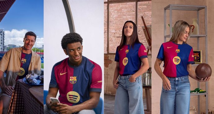 Archivo - De izquierda a derecha; Robert Lewandowski, Alejandro Balde, Aitana Bonmatí y Alexia Putellas, con la nueva camiseta del FC Barcelona para la temporada 2024/25