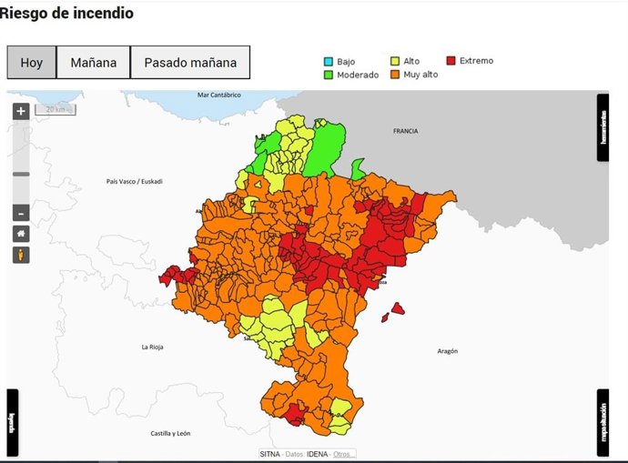 Mapa indicativo de riesgo de incendios en Navarra.