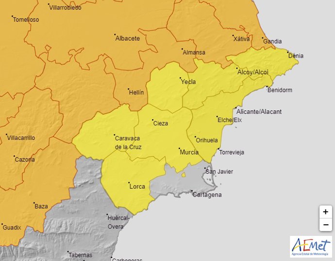 Mapa que muestra los avisos meteorológicos activos