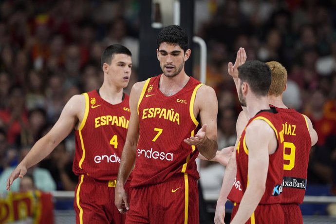 Jaime Pradilla and Santi Aldama of Spain gestures during the friendy international basketball match played between Spain and Italy at Wizink Center pavilion on June 25, 2024, in Madrid, Spain.