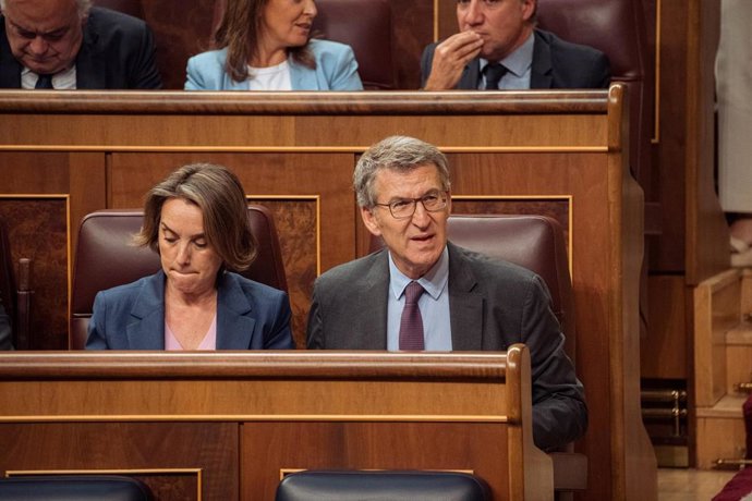 Archivo - La secretaria general del PP, Cuca Gamarra, y el presidente del PP, Alberto Núñez Feijóo, durante un pleno en el Congreso de los Diputados, a 13 de junio de 2024, en Madrid (España). El Congreso debate hoy las enmiendas a la totalidad de devol