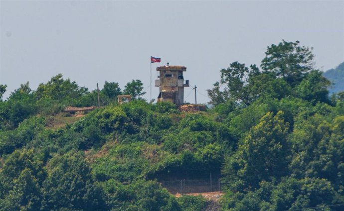 June 26, 2024, Paju, South Korea: A North Korean military guard post seen from Paju, near the border with North Korea. North Korea launched a ballistic missile toward the East Sea on June 26, but the missile exploded in the air, South Korea's military sai