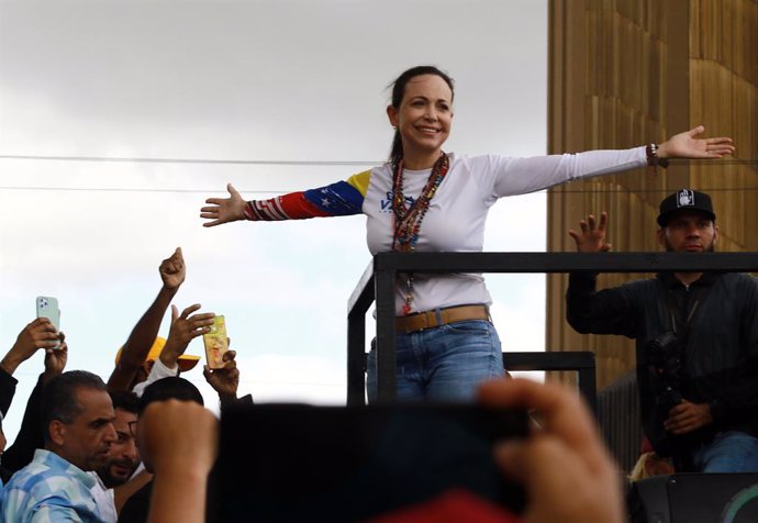 July 13, 2024, Valencia, Carabobo, Venezuela: July 13, 2024. Political leader, Maria Corina Machado,  his accompaniment to Edmundo Gonzalez, presidential candidate (not in the photo) of  campaign visit to the city of Valencia, Carabobo state. photo: Juan 