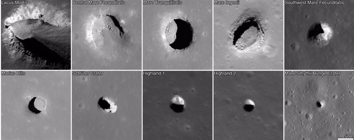 Estas imágenes de la sonda espacial LRO de la NASA muestran una serie de hoyos detectados en la Luna. Cada imagen cubre un área de unos 220 metros de ancho.