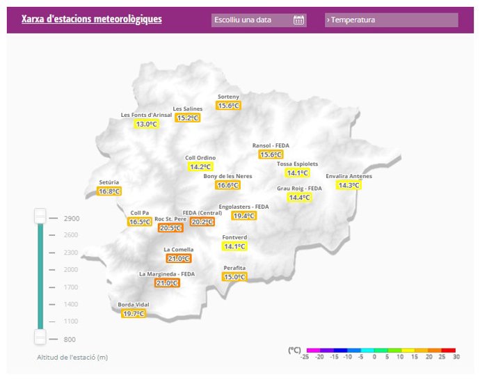 Mapa del registro de temperaturas mínimas en Andorra.