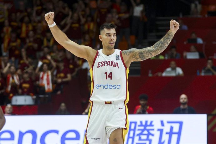 Willy Hernangomez of Spain gestures during the FIBA Preolympic Tournament basketball match played between Spain and Angola at Fuente de San Luis pavilion on july 03, 2024, in Valencia, Spain.