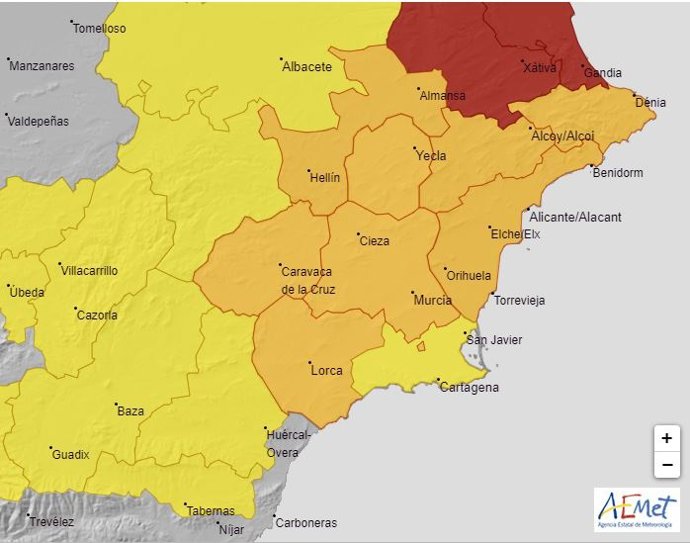 Mapa de avisos meteorológicos activos en la Región de Murcia