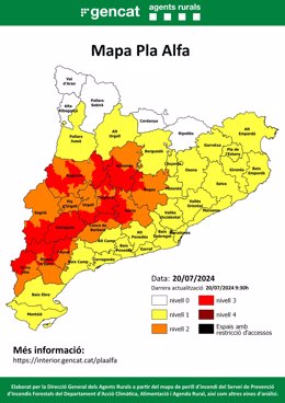 Mapa de les comarques amb més risc aquest dissabte