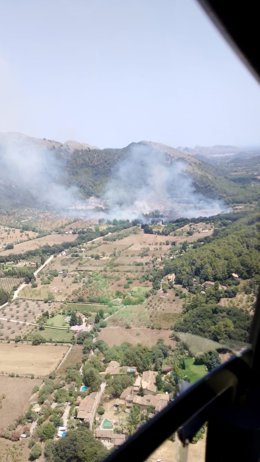 Bomberos de Mallorca e Ibanat trabajan en la extinción de un incendio forestal declarado en Pollena
