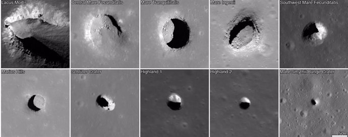 Estas imágenes de la sonda espacial LRO de la NASA muestran una serie de hoyos detectados en la Luna. Cada imagen cubre un área de unos 220 metros de ancho.