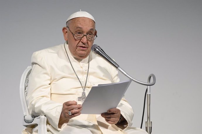 07 July 2024, Italy, Trieste: Pope Francis attends a meeting with the participants into the 50th Social Week of Catholics in Italy at the Generali Convention Center in Trieste. Photo: Vatican Media/IPA via ZUMA Press/dpa