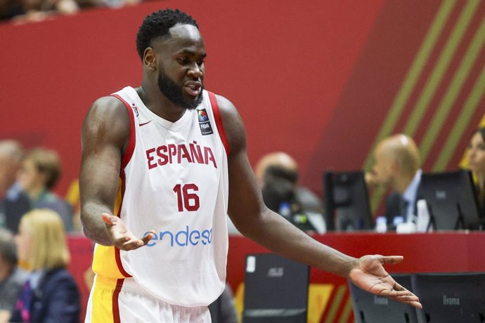 Usman Garuba of Spain gestures during the FIBA Preolympic Tournament basketball match played between Spain and Angola at Fuente de San Luis pavilion on july 03, 2024, in Valencia, Spain.