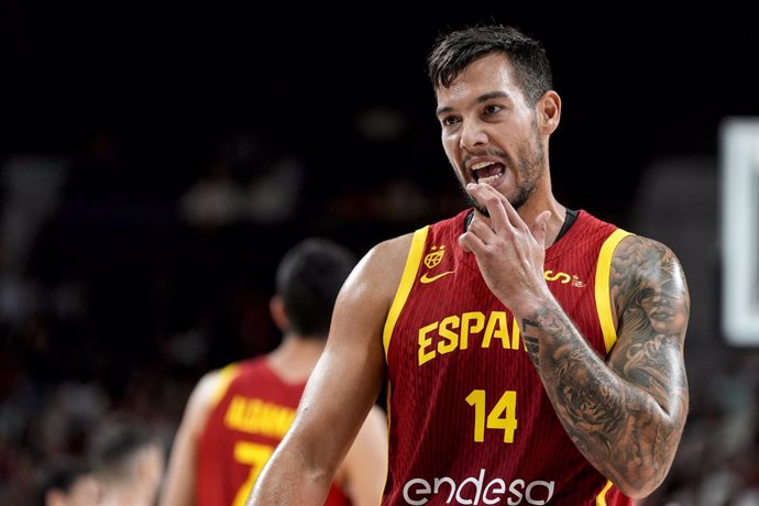 Willy Hernangomez of Spain gestures during the friendy international basketball match played between Spain and Italy at Wizink Center pavilion on June 25, 2024, in Madrid, Spain.