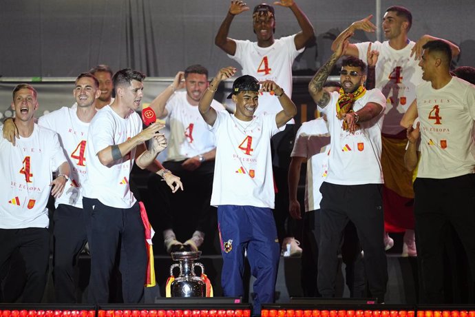 Players of Spain celebrate during the celebration of Spain Team at Cibeles Palace of Madrid after winning the Eurocup 2024 against Englad on July 15, 2024 in Madrid, Spain.