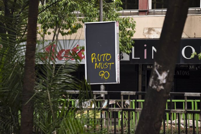 July 16, 2024, Nairobi, Kenya: A placard calling for the resignation of Kenya's President William Ruto in Nairobi's Central Business District. Mass demonstrations continued across Kenya as hundreds took to the streets to protest against tax hikes as well 