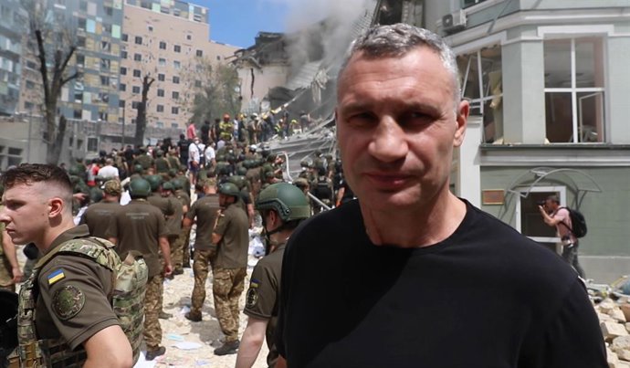 July 8, 2024: VIDEO AVALABLE: CONTACT INFO@COVERMG.COM TO RECEIVE**This image shows: Kyiv's mayor, Vitali Klitschko, on the scene of the strike on the children's hospital...These images and video show how a Kyiv children's hospital was hit by a missile st
