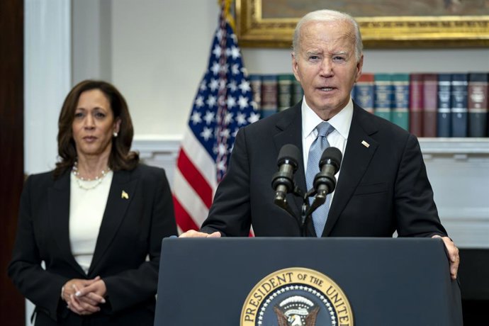 July 14, 2024, Washington, District Of Columbia, USA: United States President Joe Biden delivers remarks as US Vice President Kamala Harris look on after former President Donald Trump was injured following a shooting at a July 13 election rally in Pennsyl