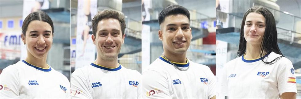 Archivo - El equipo español de saltos en Paris 2024. De izqda. A dcha; Valeria Antolino, Nico G. Boissier, Adrián G. Abadía y Ana Carvajal