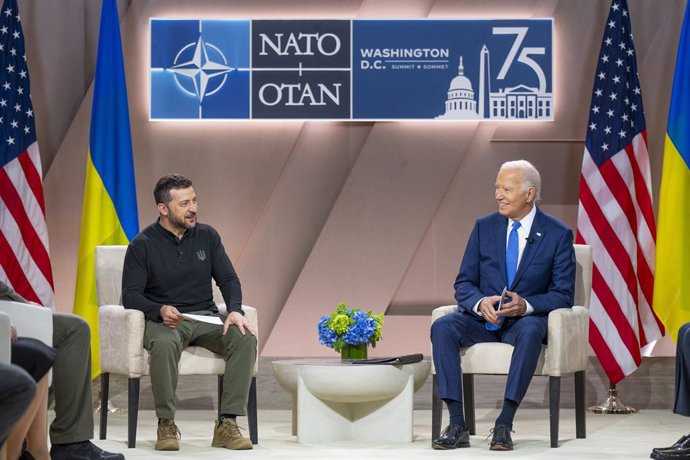 July 11, 2024, Washington, Dc, United States: U.S President Joe Biden, center, holds a bilateral meeting with Ukrainian President Volodymyr Zelenskyy, left, on the sidelines of the 75th anniversary NATO Summit at the Walter E. Washington Convention Center