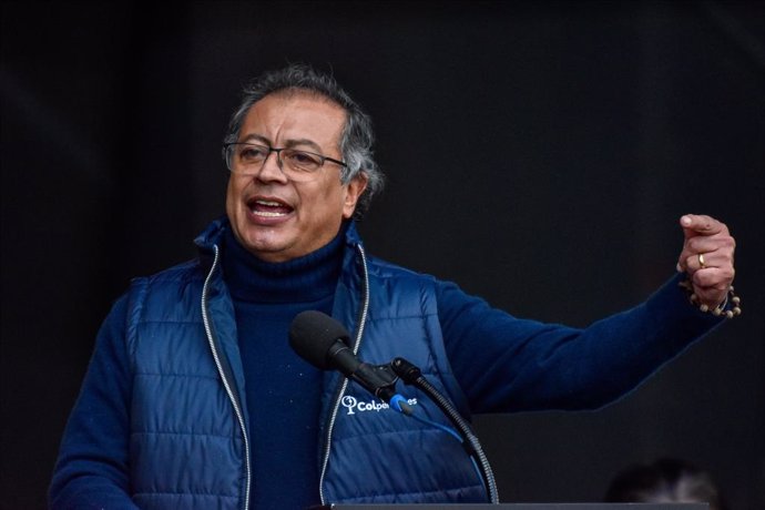 July 16, 2024, Bogota, Cundinamarca, Colombia: Colombian President Gustavo Petro gives a speech after signing the law tab sanction the pension reform, at the Plaza de Bolivar in Bogota, Colombia July 16, 2024.