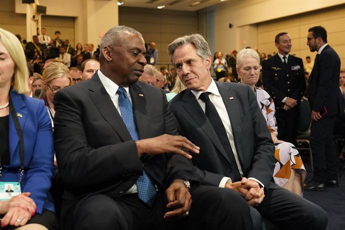 July 11, 2024, Washington, District Of Columbia, USA: United States Secretary of Defense Lloyd J Austin III and US Secretary of State Antony Blinken converse prior to  US President Joe Biden hosting an event on the Ukraine Compact at the Walter E. Washing