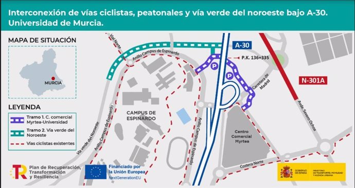 Adjudicada por 1,1 millones las obras para conectar las vías ciclistas y peatonales a su paso por autovía A-30 en Murcia