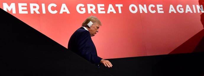 16 July 2024, US, Milwaukee: US former President and 2024 Republican presidential candidate Donald Trump attends the second day of the Republican National Convention at Fiserv Forum in Milwaukee, Wisconsin. 