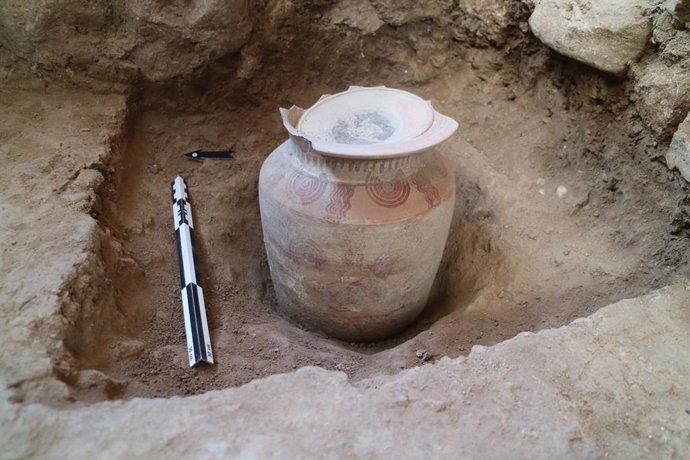 Urna ibérica hallada bajo las termas romanas del yacimiento de La Alcudia de Elche (Alicante)