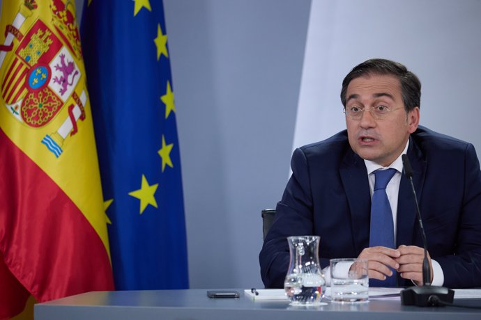 El ministro de Asuntos Exteriores, Unión Europea y Cooperación, José Manuel Albares, durante una rueda de prensa posterior al Consejo de Ministros, en el Palacio de la Moncloa, a 23 de julio de 2024, en Madrid (España).