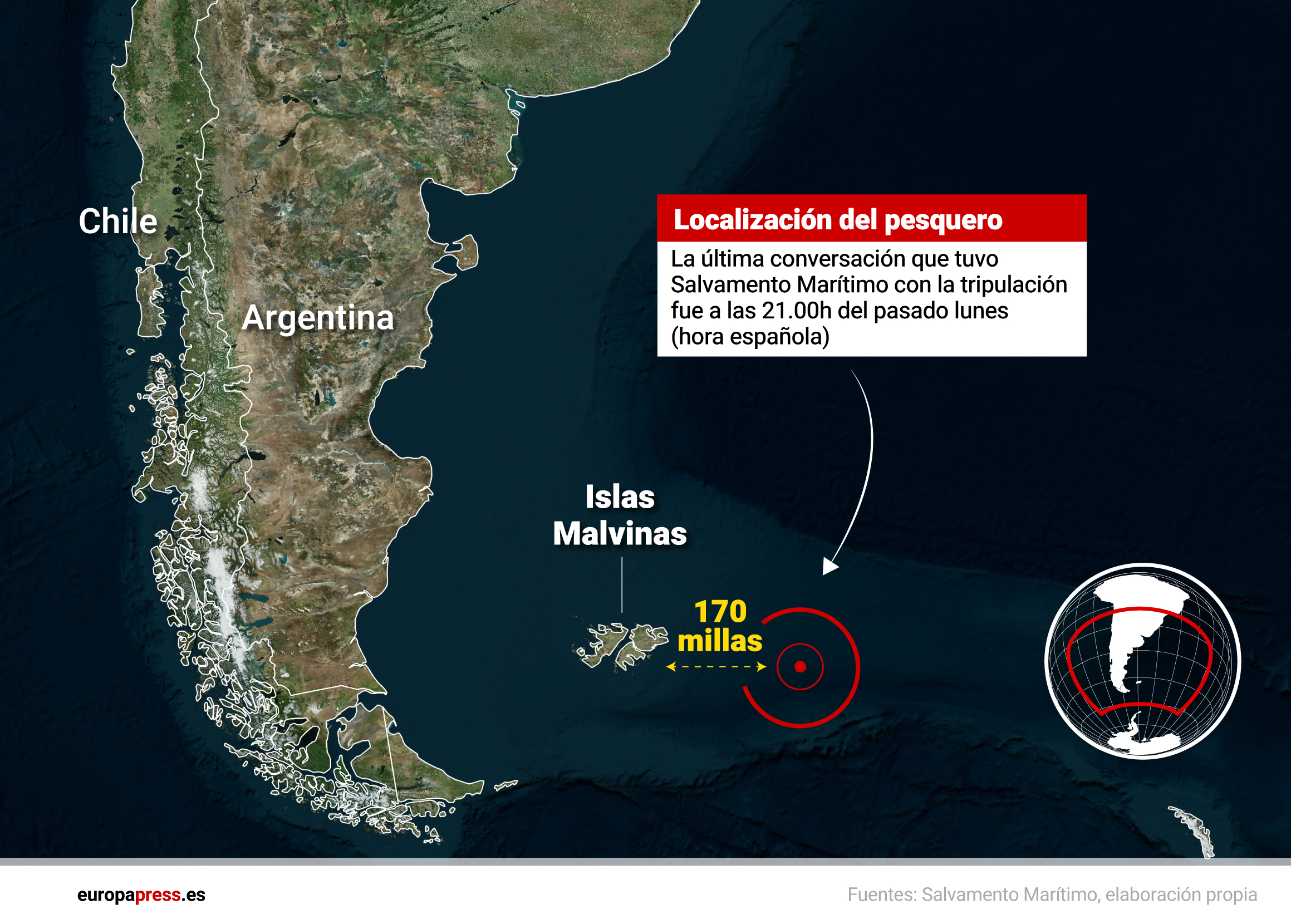 Infografía con localización del naufragio del pesquero en las Islas Malvinas