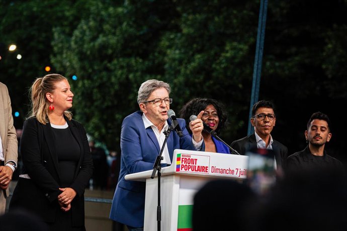July 7, 2024, Paris, France: Jean-Luc Melenchon speaks to the audience at Place de Stalingrad, after the French legislative elections results. After losing the first round of the French legislative elections, the left-wing Nouveau Front Populaire coalit