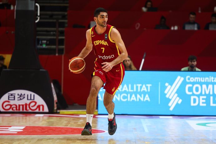 Santiago Aldama of Spain in action during the FIBA Preolympic Tournament basketball match played between Spain and Lebanon at Fuente de San Luis pavilion on july 02, 2024, in Valencia, Spain.