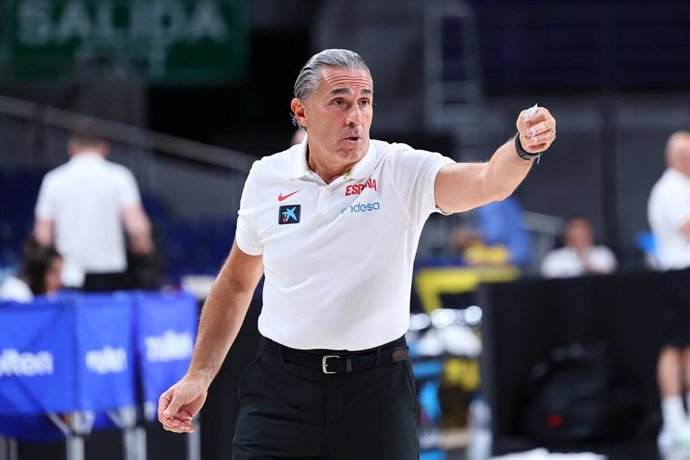 Sergio Scariolo, head coach of Spain, gestures during the Media Day of the Spanish Men's National Basketball Team ahead to the Olympic Games in Paris at WiZink Center on July 22, 2024 in Madrid, Spain.