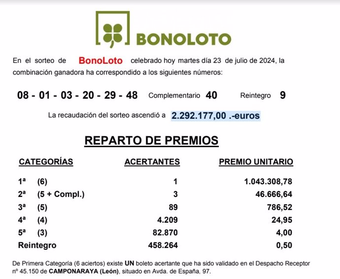 Documento de Loterías con información del premio de la Bonoloto en el sorteo del 23 de julio