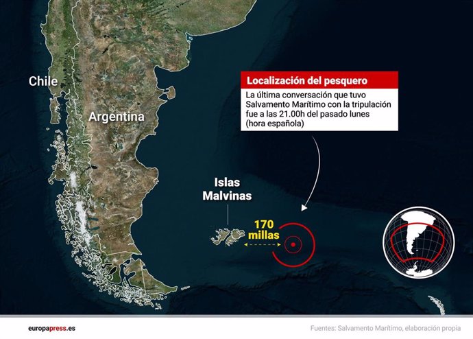 Infografía con localización del pesquero 'Arcos Georgia' naufragado en las proximidades de las islas Malvinas. Salvamento Marítimo detalló que la última conversación con el barco tuvo lugar a las 21:00 horas del lunes 22 de julio de 2024.