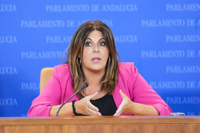 La portavoz del Grupo Parlamentario Socialista, Ángeles Férriz, durante la ronda de ruedas de prensa de portavoces de los grupos parlamentarios en el Parlamento de Andalucía, a 24 de julio de 2024 en Sevilla (Andalucía, España). Los portavoces de los grup