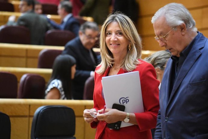 La portavoz del Partido Popular en el Senado, Alicia García Rodríguez, y el senador del PP Javier Arenas, a su llegada a una sesión plenaria, en el Senado, a 17 de julio de 2024, en Madrid (España).