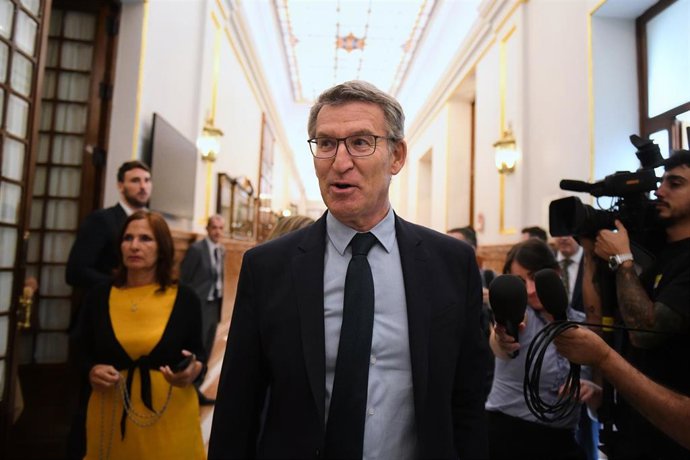 El presidente del Partido Popular, Alberto Núñez Feijóo, a su llegada a una sesión plenaria extraordinaria, en el Congreso de los Diputados, a 23 de julio de 2024, en Madrid (España). El Pleno del Congreso elige hoy, 23 de julio, a los diez nuevos vocal
