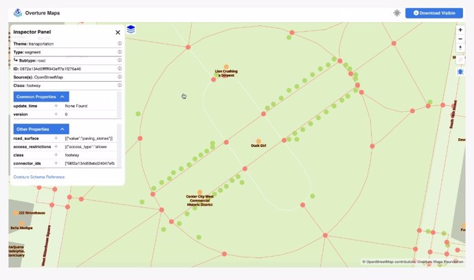 Datos disponibles en la herramienta de exploración de Overture Maps Foundation