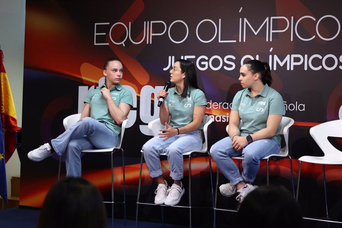 Ana Perez attends an interview during the Media Day of the Spanish Olympic athletes of gymnastics ahead of the Olympic Games at CSD on July 16, 2024 in Madrid, Spain.