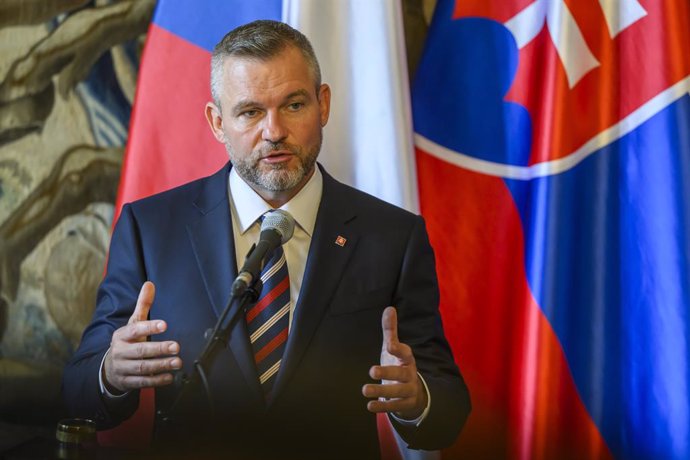 26 June 2024, Czech Republic, Prague: Slovak President Peter Pellegrini holds a joint press conference with Czech President Petr Pavel (not pictured) following their meeting. Photo: Jaroslav Novák/TASR/dpa