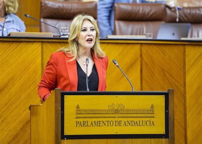 La consejera de Economía, Hacienda y Fondos Europeos, Carolina España, comparece en el Pleno del Parlamento andaluz.