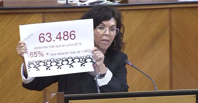 La portavoz de Salud del Grupo Socialista, María Ángeles Prieto, interviene en el Pleno del Parlamento andaluz.