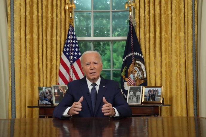 July 14, 2024, Washington, District Of Columbia, USA: United States President Joe Biden addresses the nation from the Oval Office of the White House in Washington, DC, Sunday, July 14, 2024, about the assassination attempt of Republican presidential candi