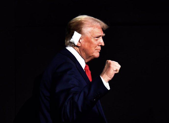 July 18, 2024, Milwaukee, Wi, USA: RNC 2024: Closing Celebration:  DONALD TRUMP arrives to accept the nomination for President at the Fiserv Forum during the Republican National Convention in Milwaukee WI on July 18, 2024.  His ear is bandaged due to inju