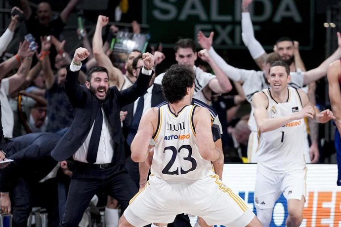 Archivo - Sergio Llull of Real Madrid celebrates a triple during the spanish league, Liga ACB Endesa Semifinal 2, basketball match played between Real Madrid and FC Barcelona at Wizink Center on May 31, 2024 in Madrid, Spain.
