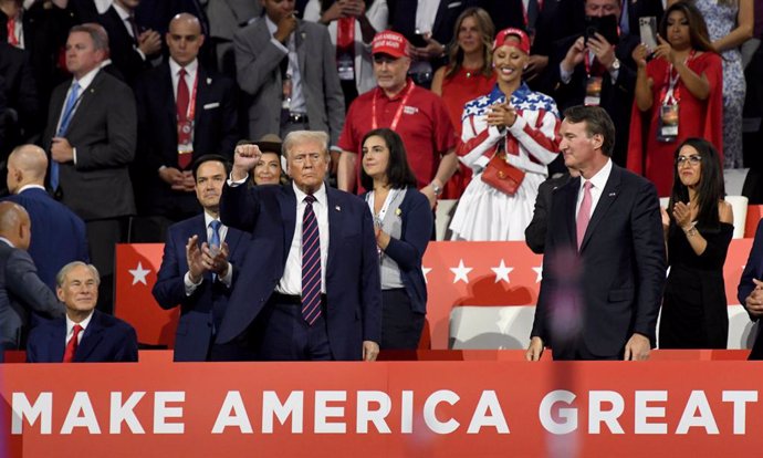 July 17, 2024, Milwaukee, Wisconsin, USA: Republican presidential nominee DONALD J. TRUMP arrives in the arena on the third day of the Republican National Convention at Fiserv Forum in Milwaukee, Wisconsin Wednesday July 17, 2024.